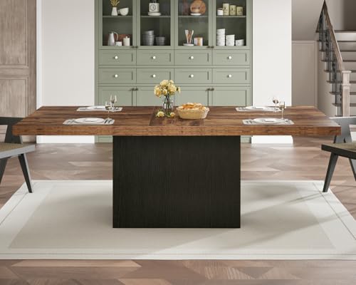 Image of HSH 71 inch Rustic Brown Dining Table for 6-8, Rectangle Wood Dining Room Table | Large Kitchen Table with a Sturdy Pedestal Base, Seats 6-8, Ideal for Family Meals and Gatherings, Table Only