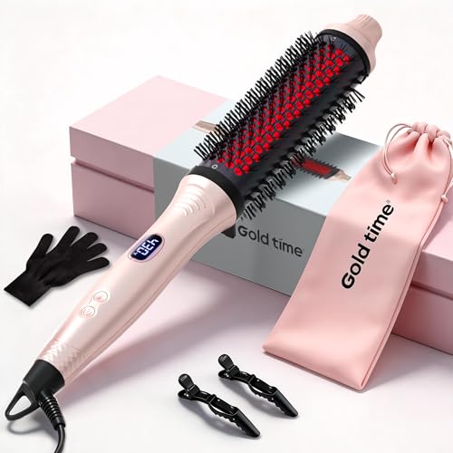 Infrared Thermal Brush 1.6 Inch Ionic Heated Thermal Round Brush Hair Straightener & Curler Styler 6 Heat Settings LED Display Dual Voltage Auto Shut-Off Pink