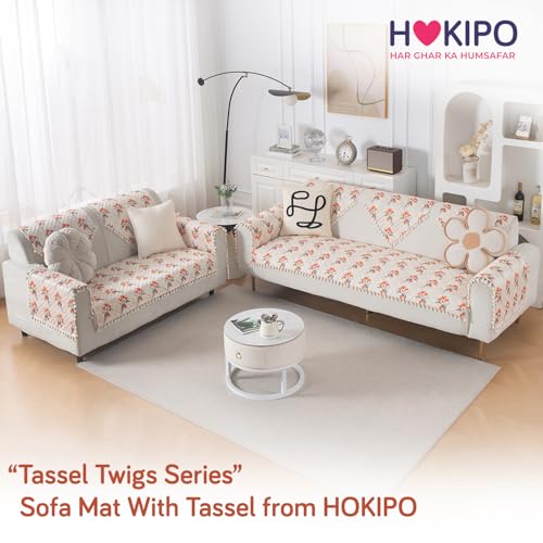 Image of HOKIPO Autumn Blossom Quilted Sofa Cover 5 Seater Set with Tassels - Washable 3+2 Sofa Cover Mat |'Tassel Twigs' Series (IN-985-T5 + IN-983-T5)