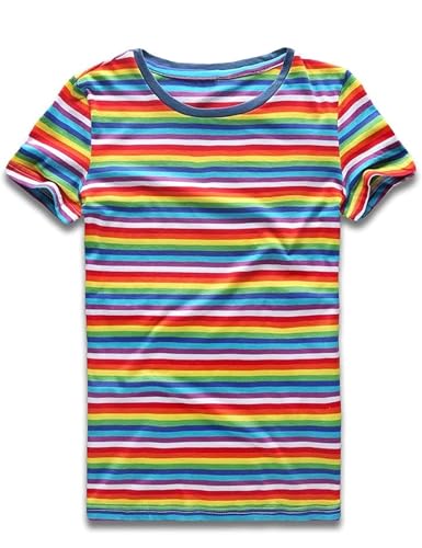 Rainbow T Shirt Women Striped Tee Crew Neck Short Sleeve Stripes Tops Fashion XL