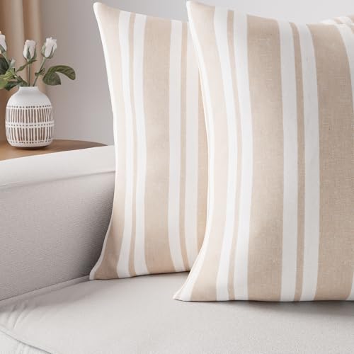 Image of Encasa XO Farmhouse Throw Pillow Covers Set of 2 (20x20 in) Franca Beige Stripes | Decorative Cushion Covers No Inserts | Plaid and Stripes Pillow Covers for Living Room, Couch