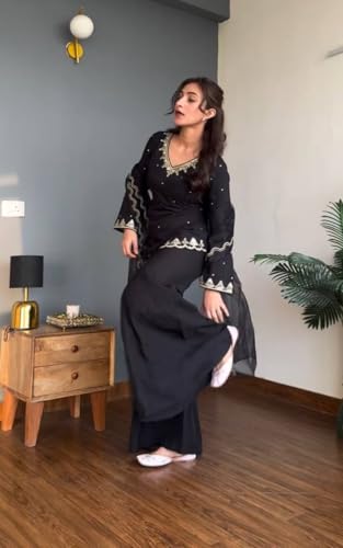 Image of Heavy Embroidered Crepe Silk Top with Sharara Palazzo and Lightweight Organza Dupatta - Festive & Party Ethnic Set for Women