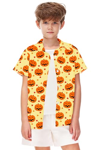 Image of Remimi Unisex Kids Halloween Shirt Boys Pumpkin Ghost Shirts Hawaii Button Up Tops 5-14 Years