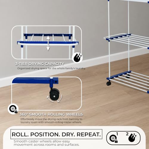 Image of FLIPZON Premium 3 Tier Flexri Cloth Drying Stand with Wheels | Alloy Steel Laundry Rack for Indoor & Outdoor Use | Heavy Duty Multi Layer Stand for Family Laundry (Blue & White)