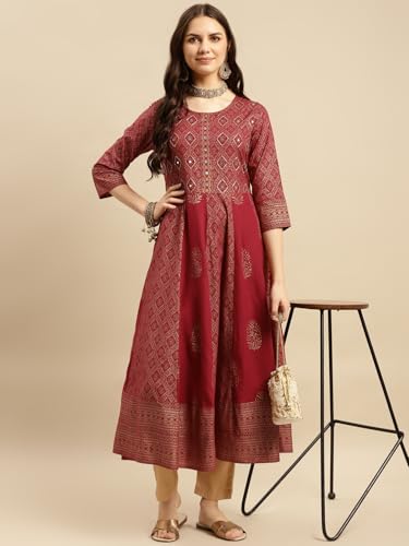 Image of rangita Teal Rayon Calf Length Embroidered Anarkali Kurti for Women | Kurta for Women