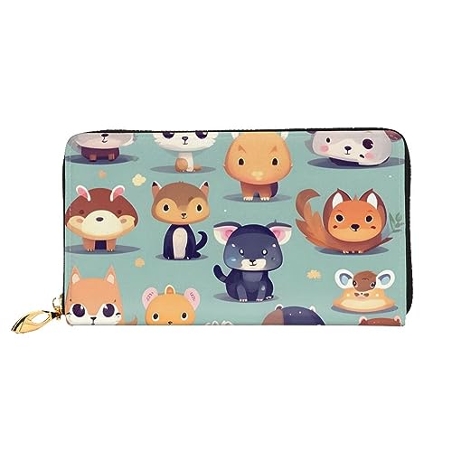 Portefeuille femme noir léger durable imprimé animaux mignons fentes cartes zip