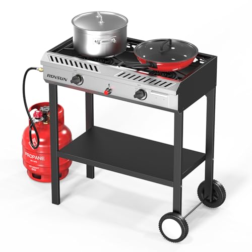 ROVSUN 2 Burner Propane Stove with Auto Ignition, 150,000 BTU Gas Stove with Storage Shelf, Rolling Wheels & Regulator for Home Outdoor Backyard Camping Cooking Frying Brewing Canning