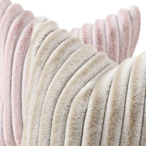 Image of decorUhome Fall Cozy Faux Fur Throw Pillow Covers 18x18 Set of 2 Decorative Soft Plush Striped Modern Farmhouse Boho Couch Pillow Cases with Velvet Back for Sofa Bed Living Room, Beige White