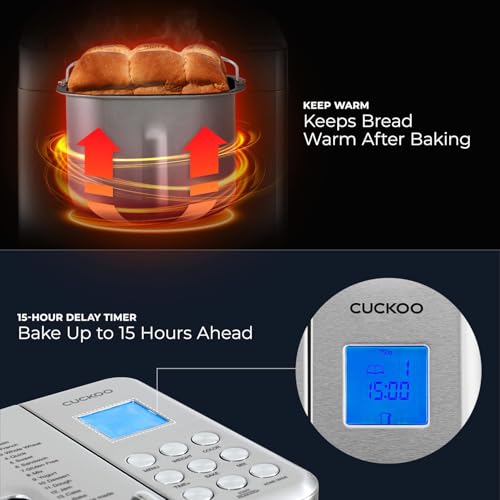 CUCKOO Bread Maker Machine with 15 Menu Options + 3 Crust Colors, 2 lbs Bread Machine with Automatic Fruit & Nut Dispenser, Includes 6 Accessories, Ideal Breadmaker for Sourdough (CBM-AAB101S)