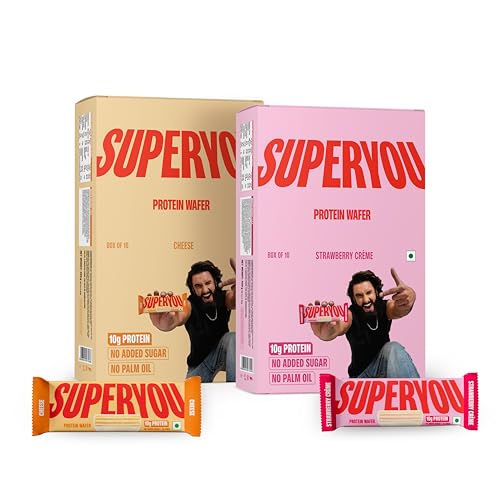 SuperYou Strawberry Protein Wafer Bars (Pack of 10) & Cheese (Pack of 10)|10g Protein, 3g Fiber, No Added Sugar|Yeast Fermented Protein|Energy Bars|Crunchy Wafer Bar|100% Vegetarian|No Palm Oil|800g