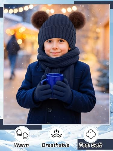 Image of JaGely 2 Sets Kids Winter Hat Gloves Scarf Set Girls and Boys Knit Hat with Pom Warm Scarf Snow Gloves for 3-10 Years Toddler
