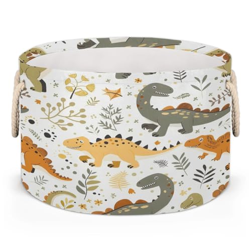 Tablerazzi Dinosaurs Funny Cartoon Large Round Blanket Basket Bin, Blanket Basket for Living Room Collapsible Fabric Laundry Hamper Basket with Handle