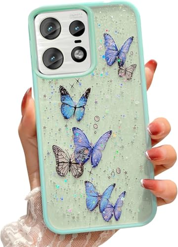Image of VONZEE for Moto Edge 50 Pro Clear Glitter Butterfly Case, Cute Bling Sparkle Shiny Soft Silicone TPU Bumper Shockproof Women Girls Slim Protective Phone Cover for Moto Edge 50 Pro, Mint