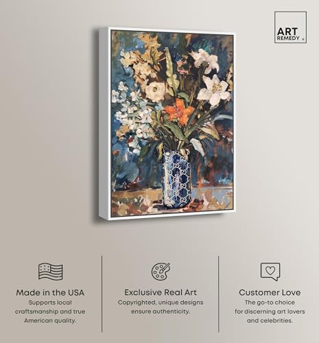 Image of Art Remedy Blue Floral Vase Canvas Floral Vase Wall Art, White Frame, 30 inch x 45 inch