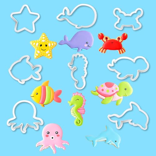 8 Pcs Sea Creature Moulds Fondant Cutters Animals Under The Sea Fish Cookie Cutters Beach Ocean Stamps for DIY Pastry Chocolate Dessert Baking Biscuit, Shark Whale Seahorse Starfish Dolphin Fish