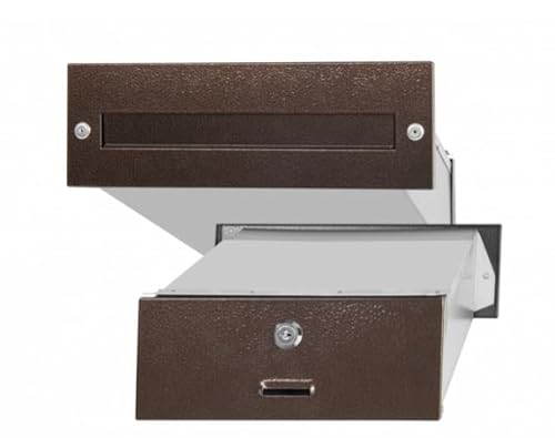 HUW - Stahl Mauerdurchwurf Briefkasten zum Einbau - Tiefe: 16-30 cm - A4 - Korrosionsbeständigkeit - Witterungseinflüsse - 2 Schlüssel Schloss - Einbaubriefkasten - Durchwurfbriefkasten - Braun