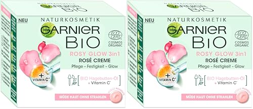 Garnier Gesichtscreme für müde Haut ohne Strahlen, Für einen jugendlichen Glow, Pflege und Festigkeit, Mit Bio-Hagebutten-Öl und Vitamin C, Garnier Bio Rosy Glow 3in1, 50 ml (Packung mit 2)