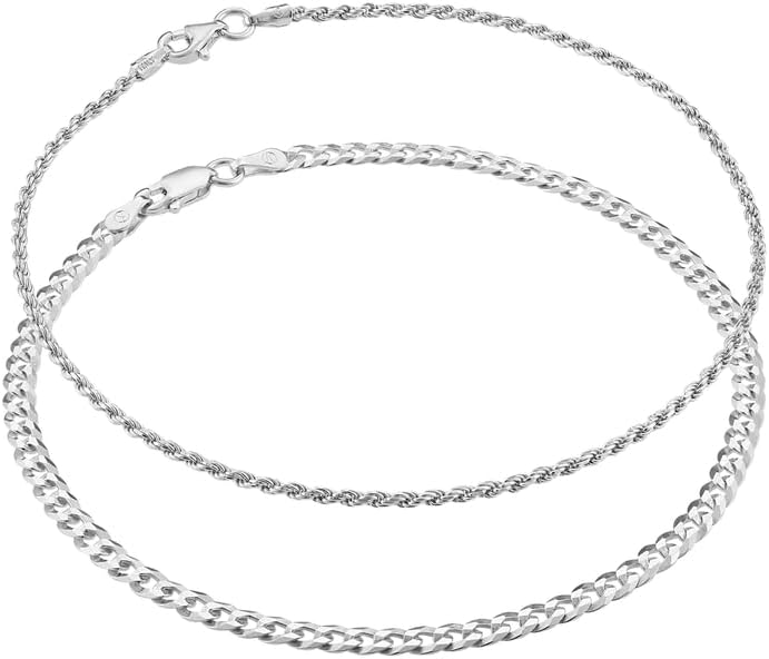 KISPER Solid 925 Sterling Silver Italian 3.5mm Diamond-Cut Cuban Link Curb Chain & 1.5mm Twisted Braided Rope Link Chain Anklet Ankle Bracelet Bundle - for Women - Made in Italy, 10"