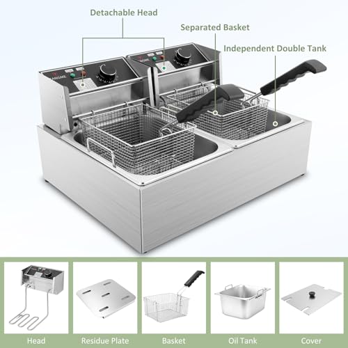 Commercial Deep Fryer - 3400W Electric Deep Fryers with 2x6.35QT Baskets 0.8mm Thickened Stainless Steel Countertop Oil Fryer 20.7QT Large Capacity with Temperature Limiter (12L)