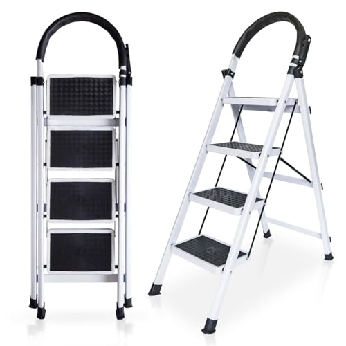 Escalera Plegable de 2, 3 y 4 Peldaños con Soporte Adicional y Mango Antideslizante | Ladder Multifuncional Antideslizante | Ligera, portátil y Segura para Todo Tipo de Tareas (4 Peldaños)