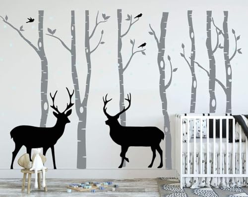 Vinilo decorativo bosque infantil - ciervo y abedul miniatura 1