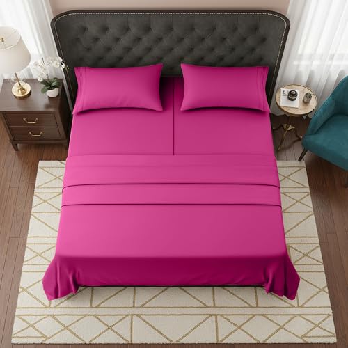 Image of Elegant Comfort Luxurious 1500 Premium Hotel Quality Microfiber Three Line Embroidered Softest 5-Piece Bed Sheet Set, Wrinkle and Fade Resistant, Split King, Pink