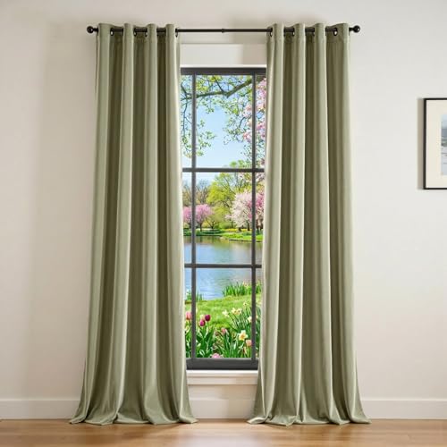 Image of Blackout Olive Sage Velvet Curtains Grommet 52x96 Inch 2 Panels | Soft Velvet, For Bedroom & Living Space, Light Shifting Texture, Elegant Drape, Serene, Fresh