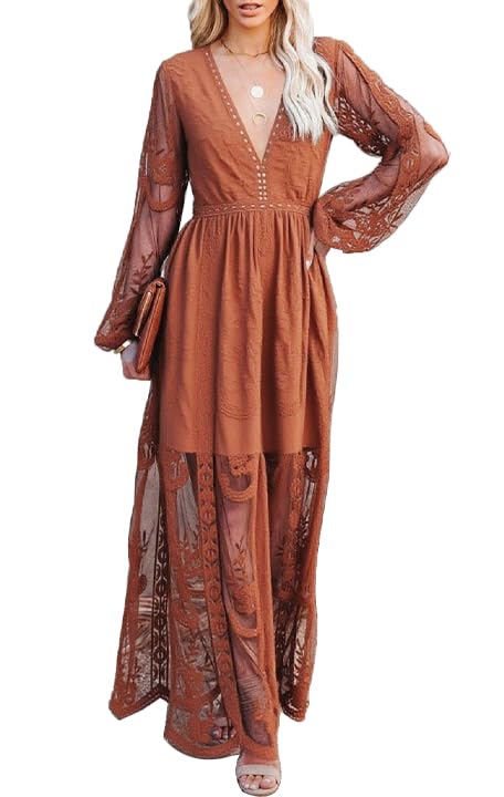 Womens V Neck Floral Embroidered Lace Wedding Maxi Dress Boho Short Sleeve Slit Bridesmaid Evening Party Dresses