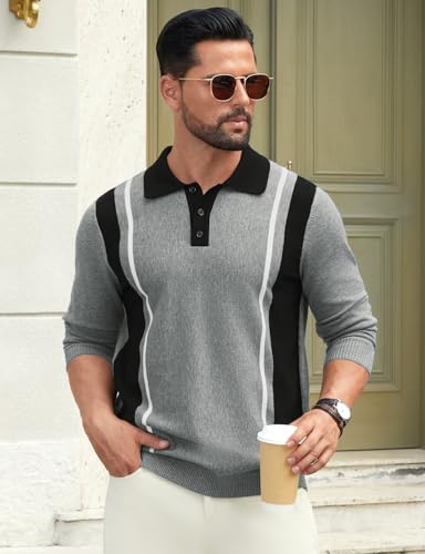 Hardaddy Men's Vintage Striped Polo Sweater Color Block Lightweight Long Sleeve Collared Knit Shirts4