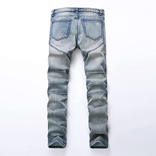 Men's Pleated Ripped Biker Jeans Skinny Slim Fashion Stretchy Jeans Men Distressed Washed Fold Jean Trousers2