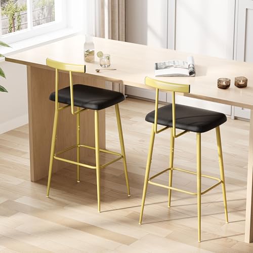 YAUKTAK Bar Stools Set of 2 Tall Bar Stools with Backrest and Footrest Counter Height Bar Chairs Industrial Barstools with PU Leather Cushion for Kitchen Dining Room Bar Cafe (Gold) KBS515GC