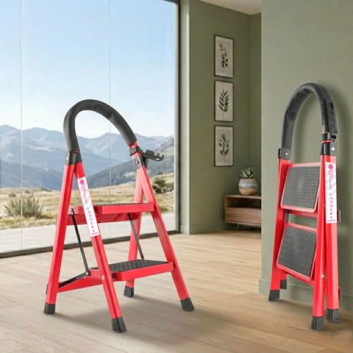 Image of Casa Copenhagen Red 2 Step Ladder for Home Use with Built-in Tool Tray | Heavy Duty D Shape Rods | Ultra Large Platform | Wide Rubber Feet | 150Kg Capacity Foldable Ladder - 7 Years Warranty