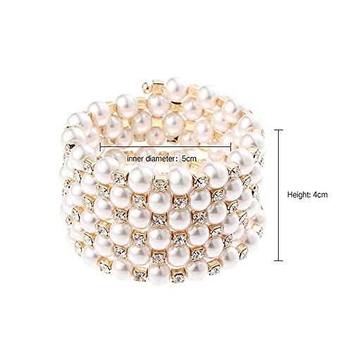 Asphire Vintage Great Gatsby Pearl Bracelet Multi-Layered Chunky Pearl Crystal Elastic Bangle Bridal Wedding Jewelry 1920s Flapper Prom Party Costume Accessories for Women, Gold4