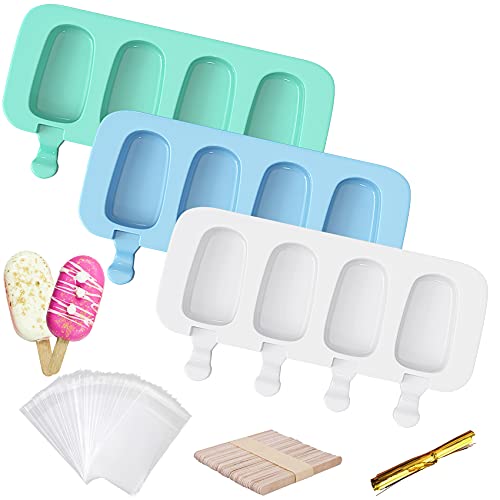 3 Piezas Grandes Moldes Silicona Para Helado, Polos De 4 Cavidades Popsicle Moldes Sin BPA para Paletas de Hielo 50...