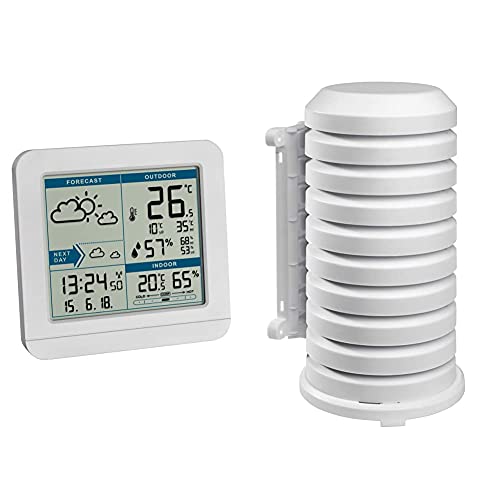 TFA Dostmann SKY Funk-Wetterstation, 35.1152.02,Wetterstation Funk mit Außensensor, Wettervorhersage, Funkuhr, innen und außen & Schutzhülle für Sender Artikel, 98.1114.02, leicht zu montieren, weiß