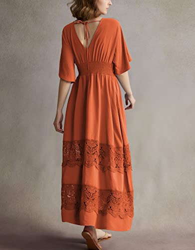 Image of Olaesa Boho Maxi Dress V Neck Short Sleeve Lace Smocked Waist Flowy Dress | Wedding Guest Dress with Pockets, Summer Bohemian Vacation Dress, Elegant Party Dress for Family photo& Baby Shower