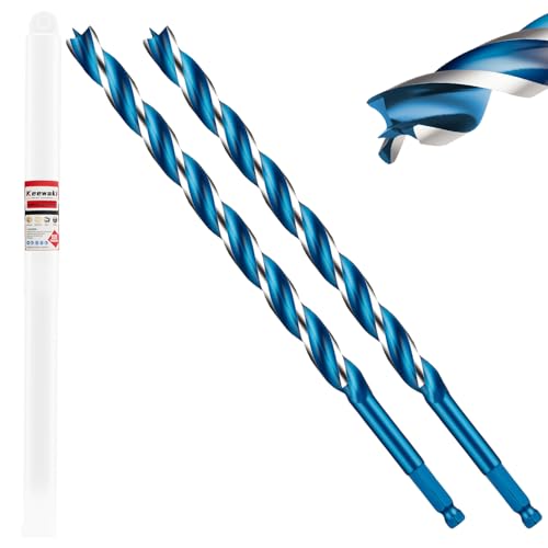 Keewaki 2 Pack 8mm x 155mm 3-Flute Auger Drill Bit for Wood – Extra Long Wood Drill Bits with Hex Shank, Heavy Duty Spiral Bit for Fast & Clean Deep Hole Drilling in Timber