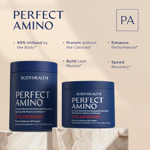 Image of BodyHealth PerfectAmino Powder - BCAA and EAA Powder for Pre and Post Workout - Amino Acid Energy Drink for Men and Women to Support Lean Muscle and Recovery - Strawberry - 60 Servings