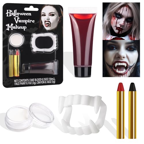 BOBISUKA Halloween Vampire Makeup Kit with White Face & Body Paint Fake Blood Black and Red Face Paint Crayon and Fake Teeth SFX Makeup Set for Zombie Wounds Clown Cosplay Special Effects Makeup