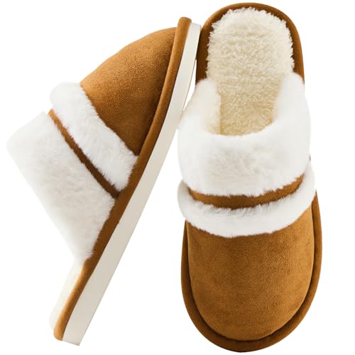 7STROBBS Wide Fit Women Slippers, Ladies Fluffy Mule Slipper for Women, Winter Warm Memory Foam Slippers, Comfy House No Slip Indoor Slipper, Cozy Home Slippers, Brown UK 7-8