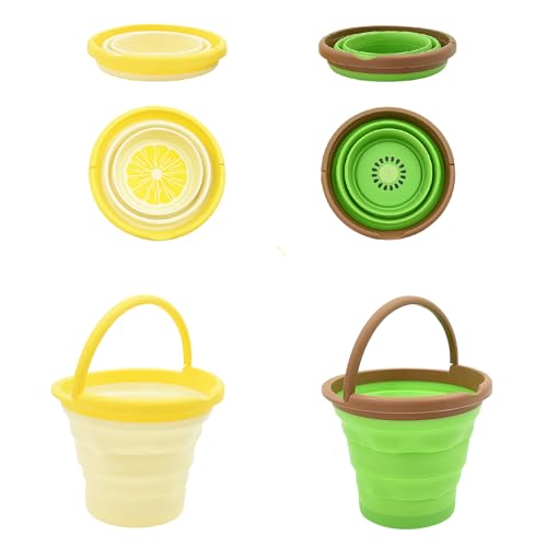 Coriver 2er-Pack Faltbarer Strand-Eimer, zusammenklappbarer Sand-Eimer mit Griff, Sand Spielzeug mit Motiv, Outdoor-Sandkasten-Schneespielzeug für Party Reisen Camping Wasser (2. Grün+Gelb)