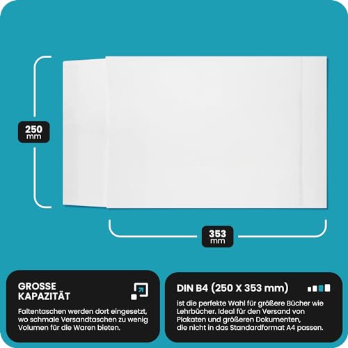 Netuno 20 x weiße Faltentaschen DIN B4 250× 353 mm 130g Kapazität-Versandtaschen haftklebend Falten-Umschläge Briefumschläge B4 mit Bodenfalte Brief-Kuverts mit Falten große Umschlagtaschen
