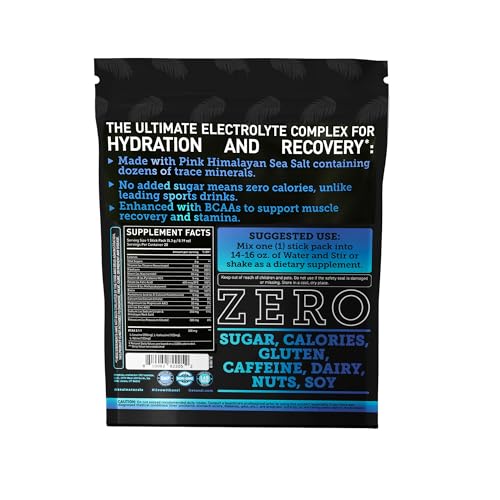 Image of Enhanced Electrolyte Powder Stick Packs (Blue Raspberry | 20 Packets) w / 0 Sugar +BCAAs +B-Vitamins Electrolyte Supplement w Potassium Zinc & Magnesium for Hydration - Keto Electrolytes