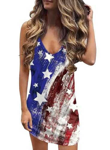 Image of For G and PL Women 4th of July American Flag Tank Dress Deep V Neck Stars Stripe Mini Patriotic Sleeveless Sundress