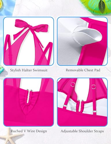 Image of Girls Swimsuit Halter One Piece Swimsuits Solid Ruched Bathing Suit for Girls Quick Dry Summer Beach Swimwear 11-18Y