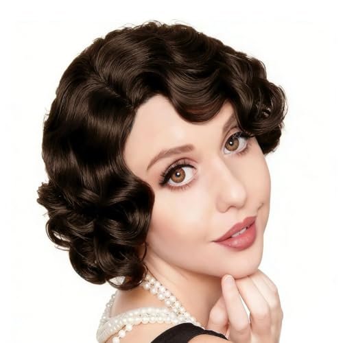 Amnenl Women Brown Curly Short Wig 1920s Finger Wave Wig