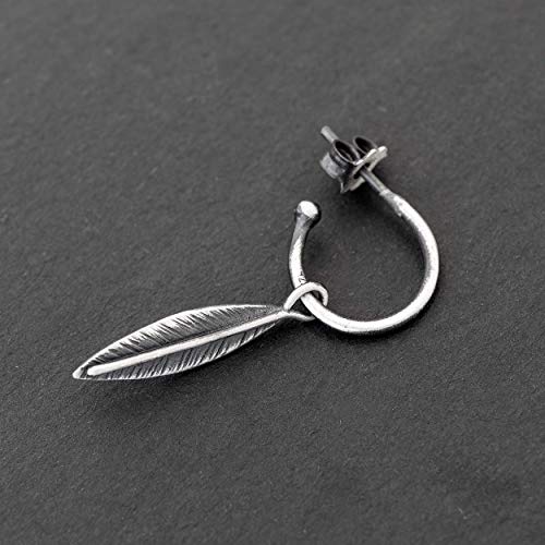 Sterling silver hoop earring with charm men earring feather earring for men gift for men jewelry goth gothic black huggie hoop earring men