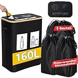 GARPROVM 160L Pfandflaschen Sammelbehälter, 2 Fächer Flaschensammler mit Doppel Silikonloch Sichtfenster 3 Innentaschen, Leergut & Altglas Groß Recyclingbehälter für Flaschen Dosen Gelber Sack Ständer