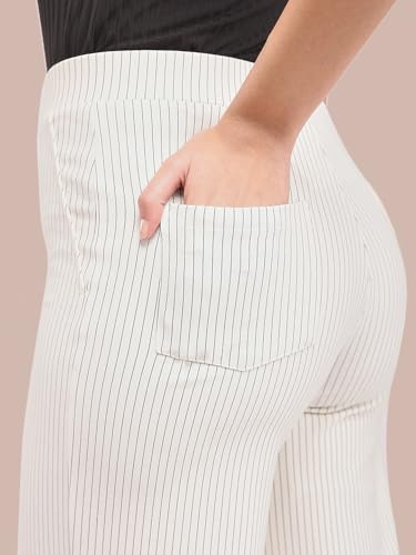 Image of FableStreet Women's Formal Trousers | High-Rise Striped Wide-Leg Design | Ankle-Length Flat Front with Patch Pockets | Elegant Office Wear for Business Meetings| Ivory