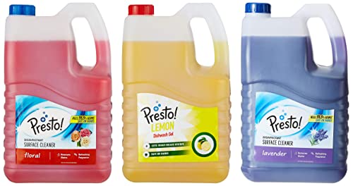 Image of Amazon Brand - Presto! Dishwash Gel - 5 L (Lemon) & Disinfectant Surface Cleaner - 5 L (Floral) & Disinfectant Surface Cleaner - 5 L (Lavender)